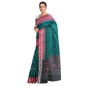 Green and Red Sambalpuri Ikat Cotton Saree with Sambalpuri Ikat Blouse - Crafts Collection