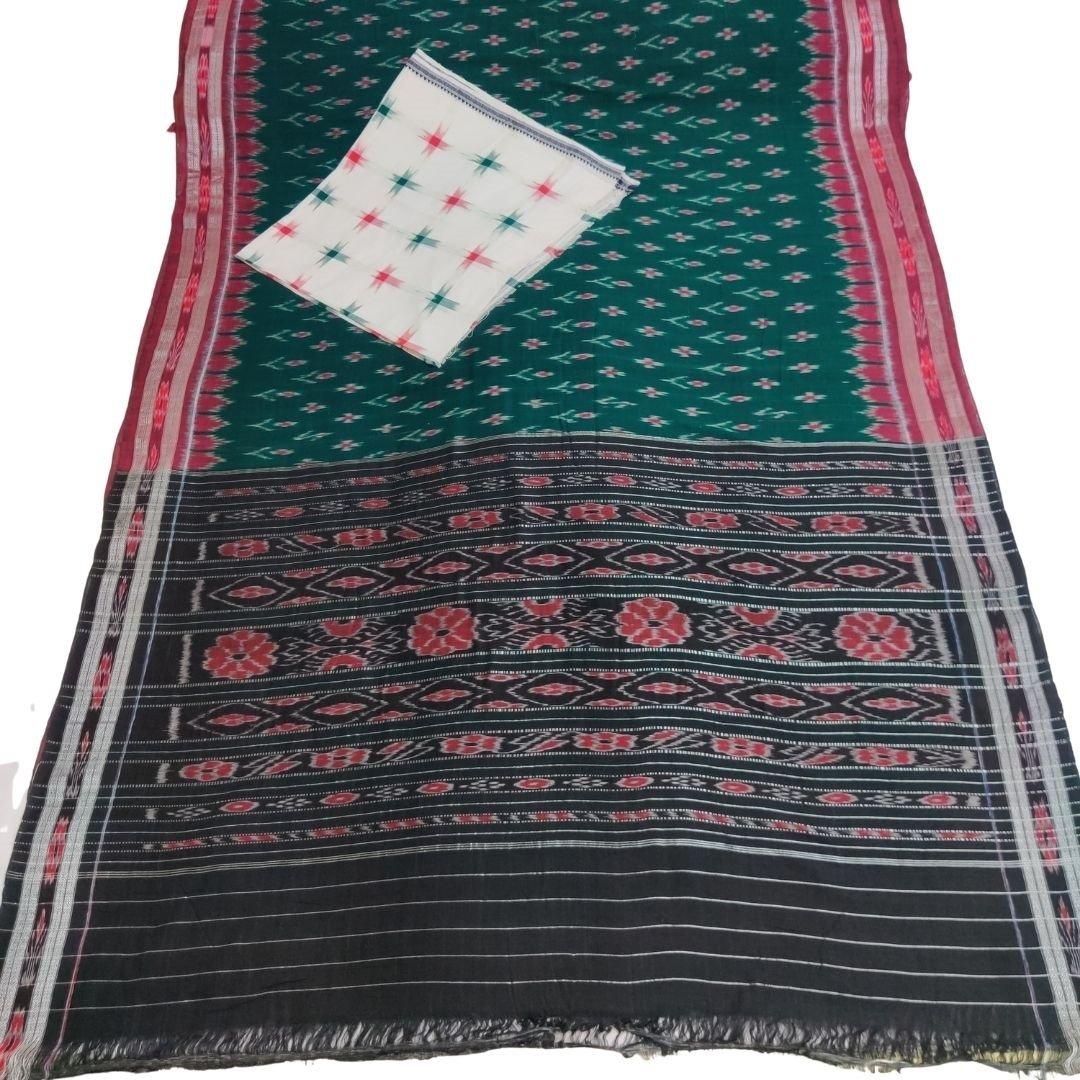 Green and Red Sambalpuri Ikat Cotton Saree with Sambalpuri Ikat Blouse - Crafts Collection
