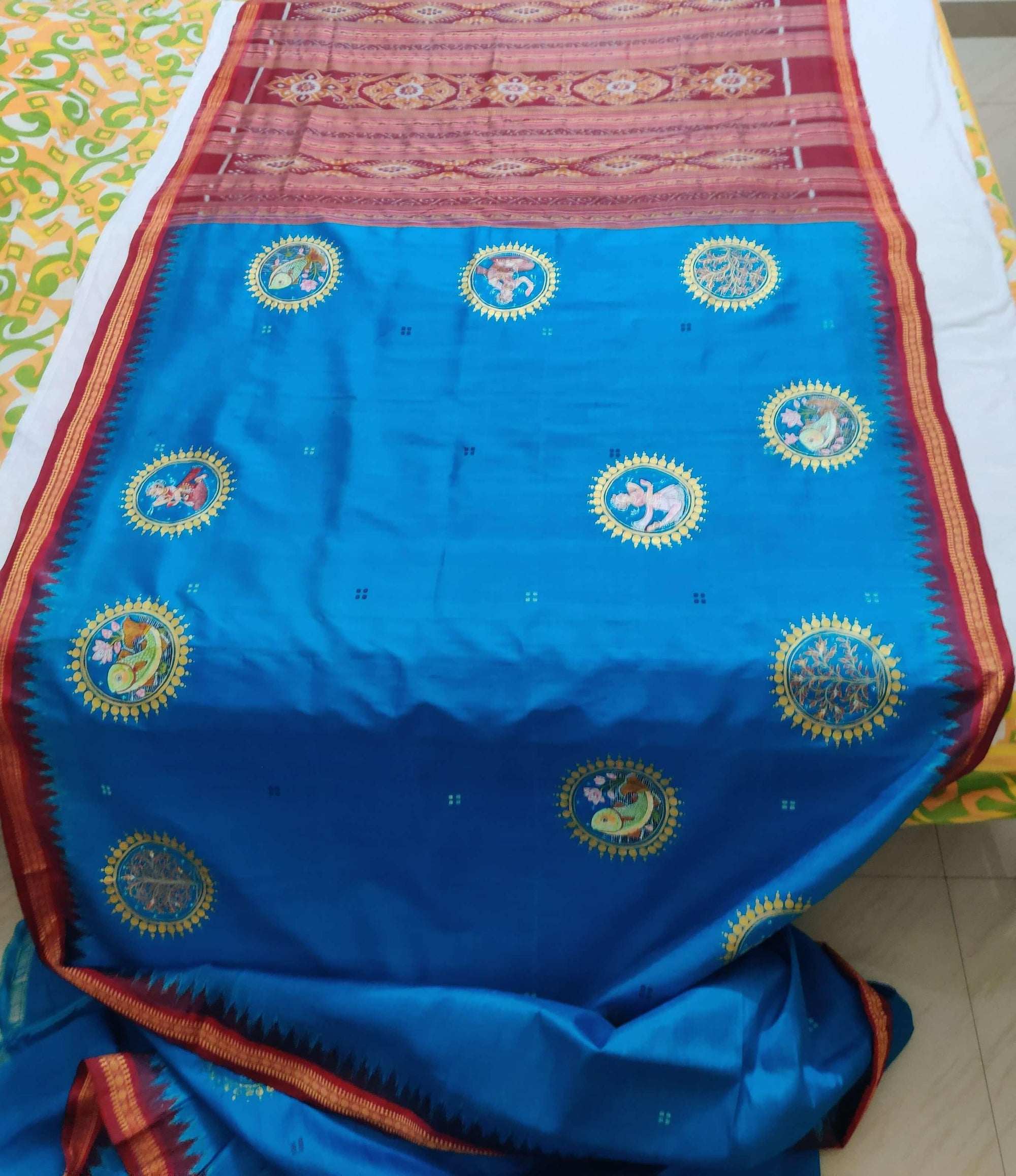 Blue Khandua Silk Saree with handpainted Pattachitra motifs - Crafts Collection