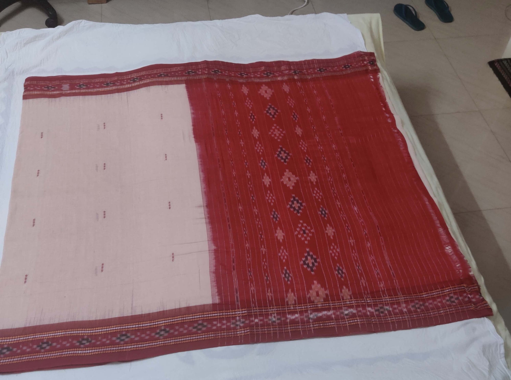 Peach and Red Cotton Sambalpuri Saree with Sambalpuri Ikat blouse