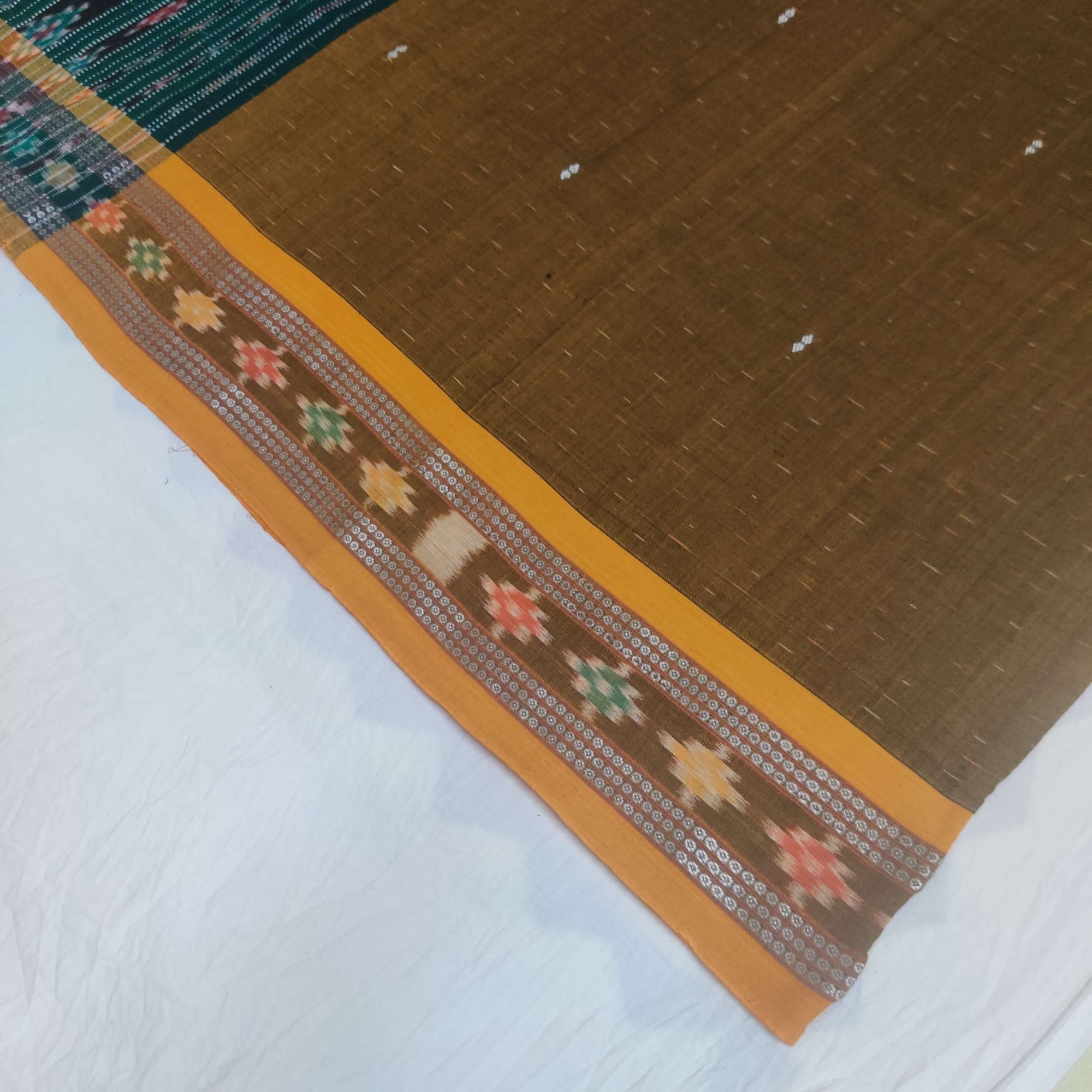 Mustard Brown Cotton Odisha Ikat Saree with Sambalpuri Ikat blouse Piece