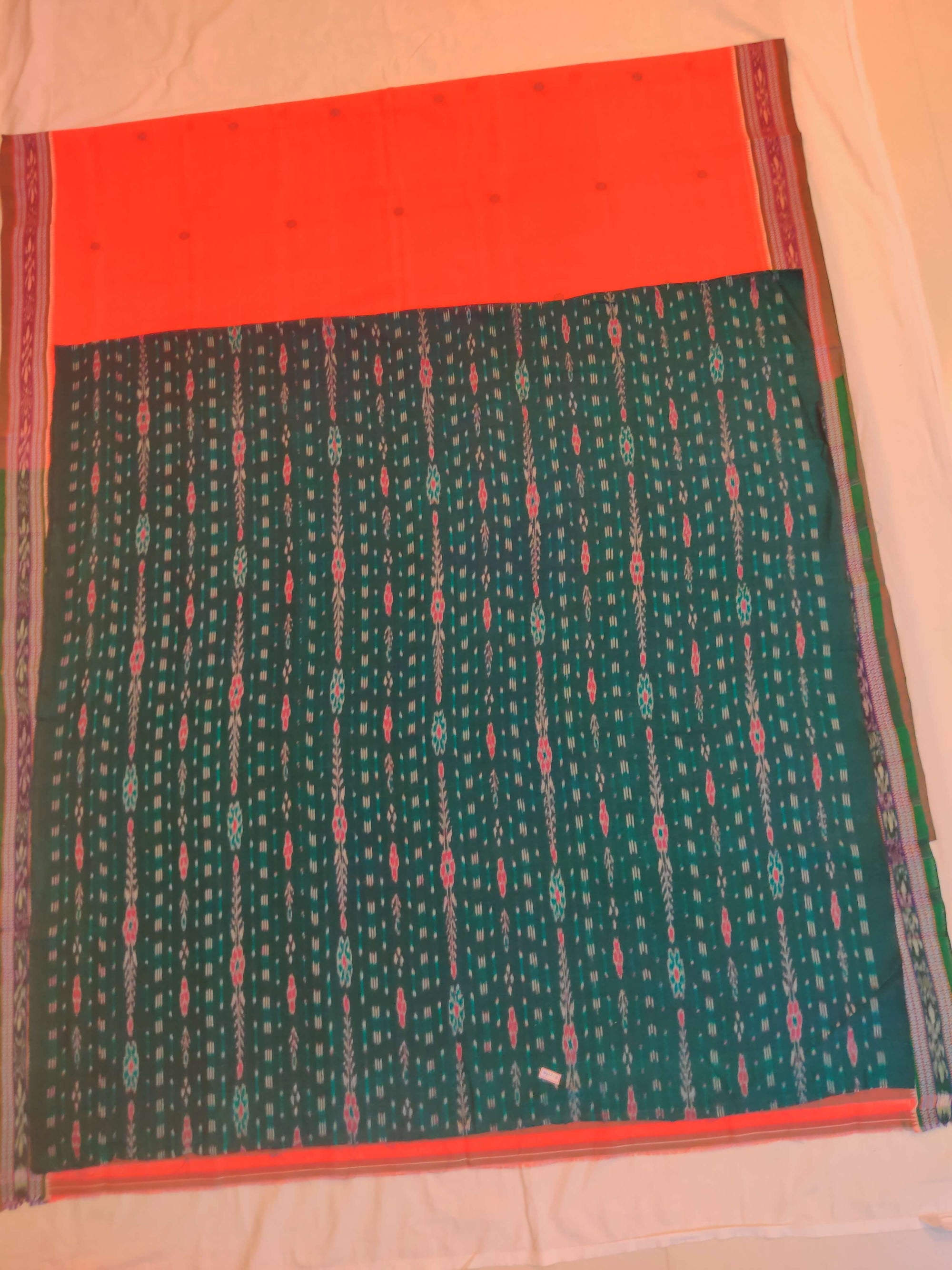 Tomato Red and Green Cotton Odisha Ikat Saree