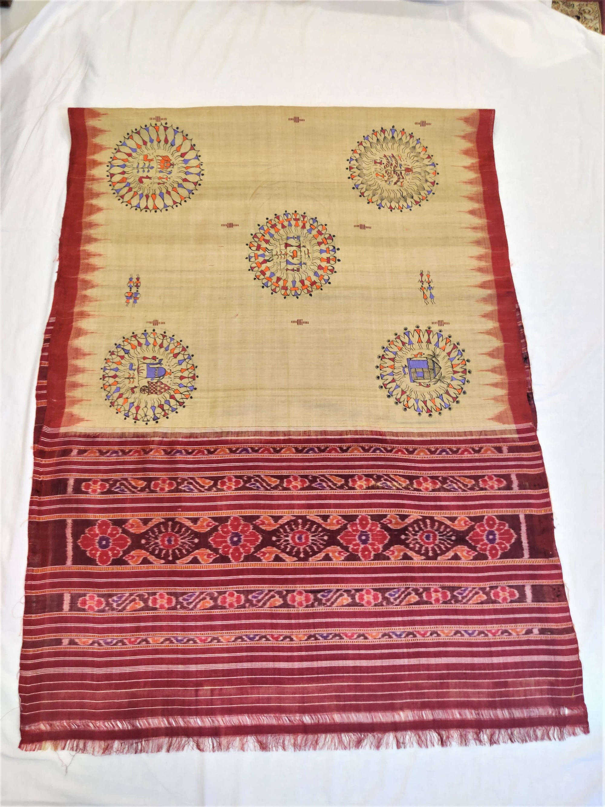 Beige Tussar Silk sambalpuri Dupatta with handpainted tribal art