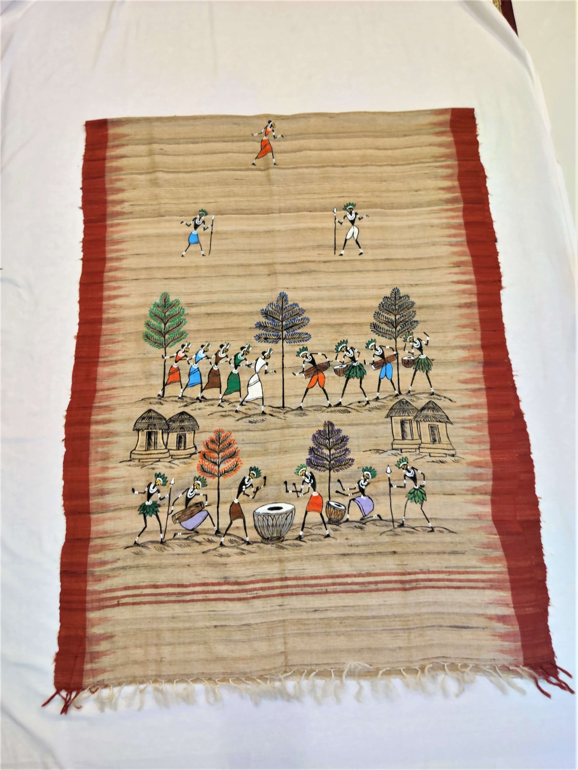 Beige Tussar Ghicha Silk Dupatta with handpainted tribal art