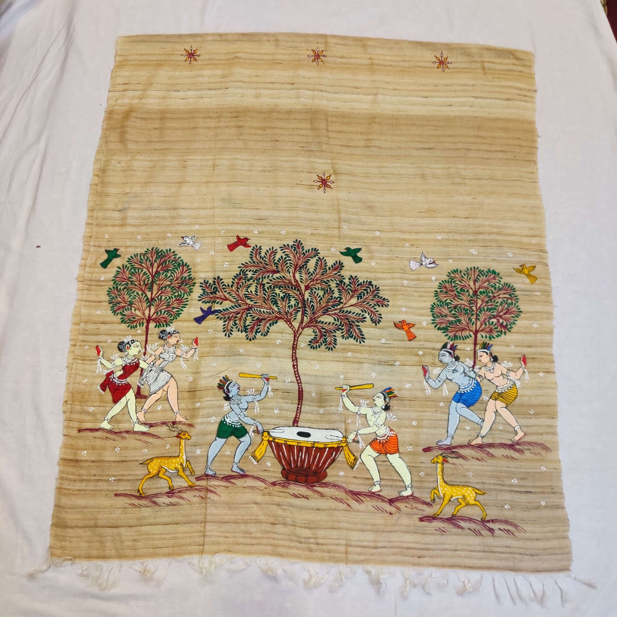 Beige Tussar Ghicha Silk Stole with handpainted tribal art