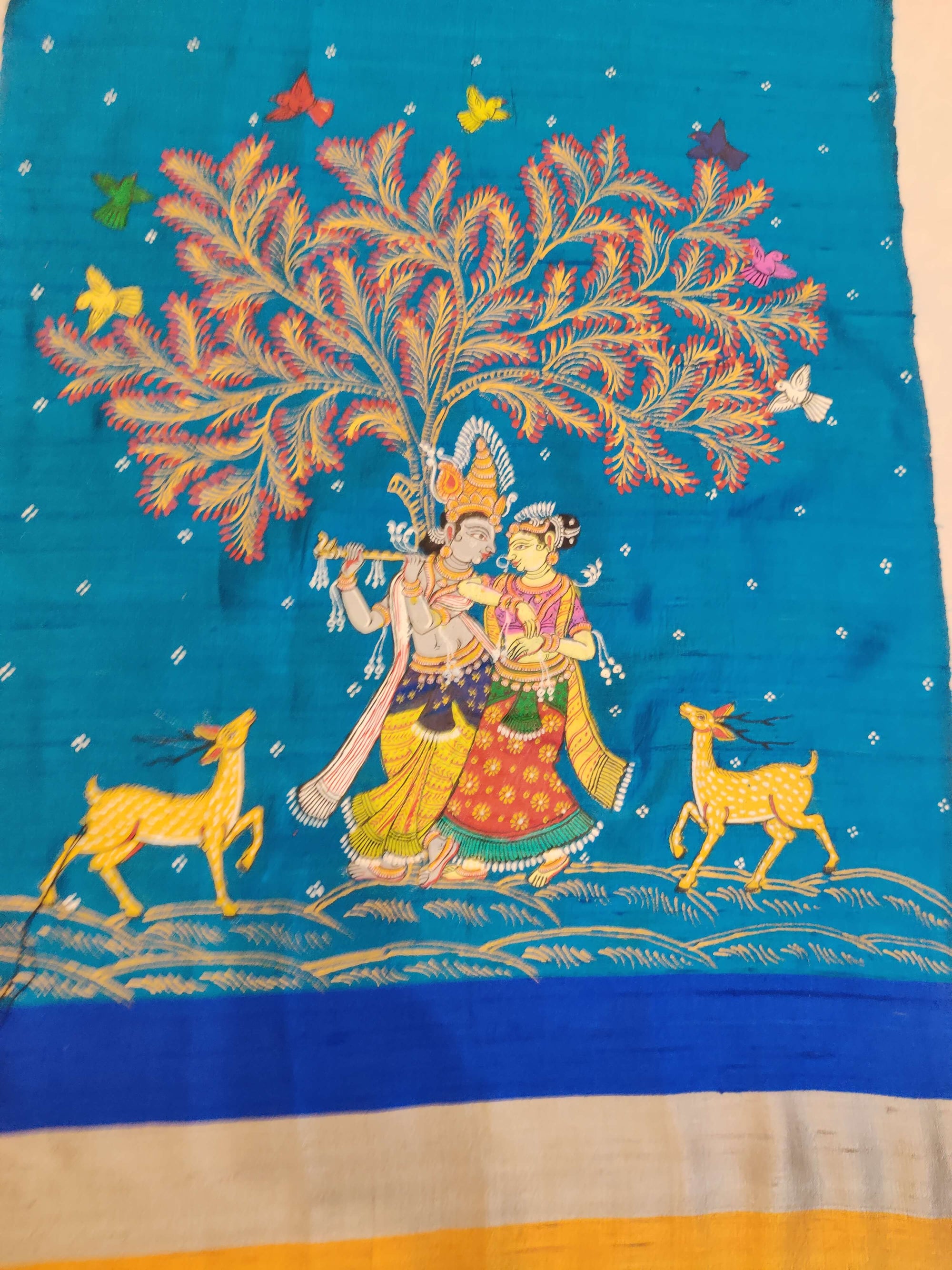 Blue Tussar Silk Stole with handpainted Pattachitra Motifs