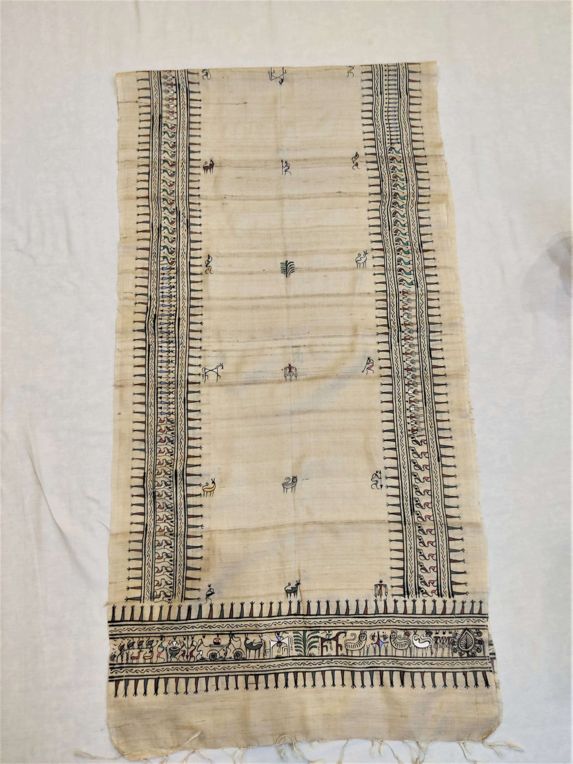Beige Tussar Silk Stole with handpainted tribal art