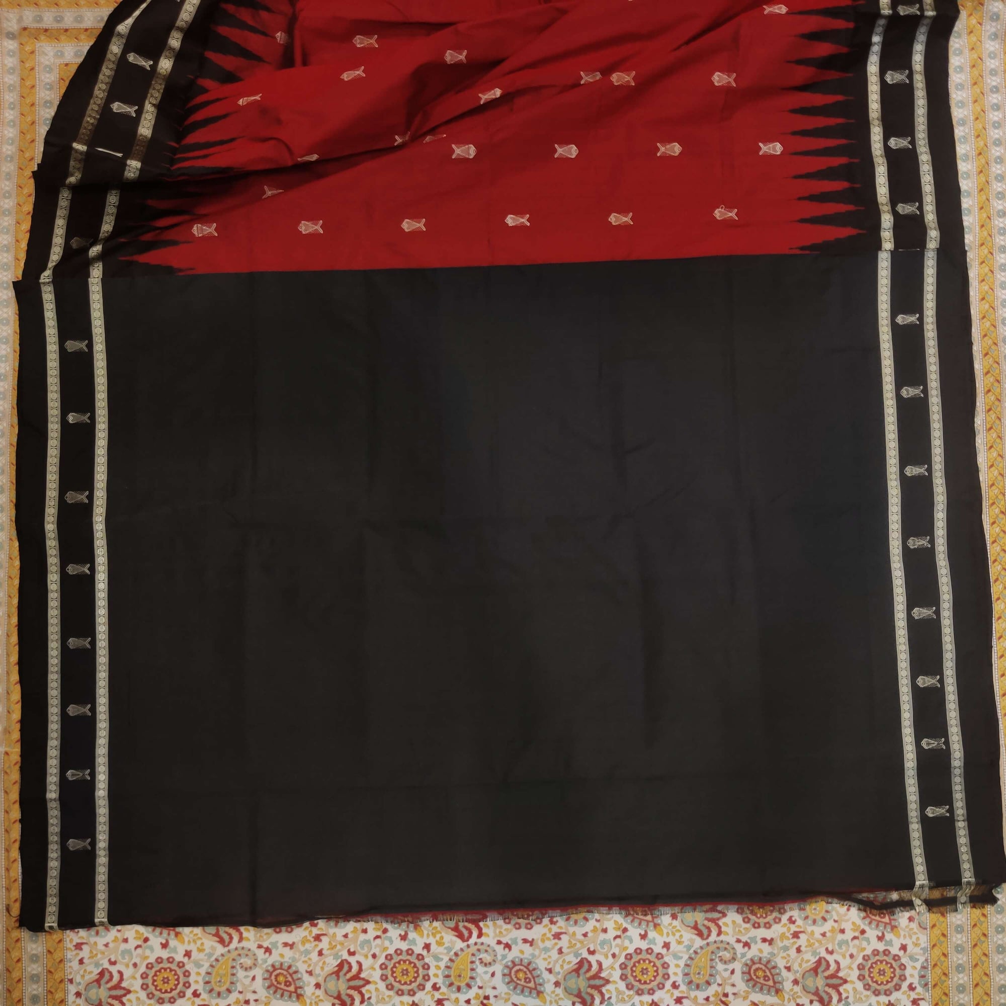 Maroon and Black Bomkai Silk Saree with fish motifs