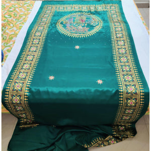 Green Satin Saree with handpainted Pattachitra art - Crafts Collection