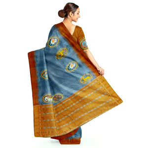 Grey Sambalpuri Silk Saree with handpainted Pattachitra motifs - Crafts Collection