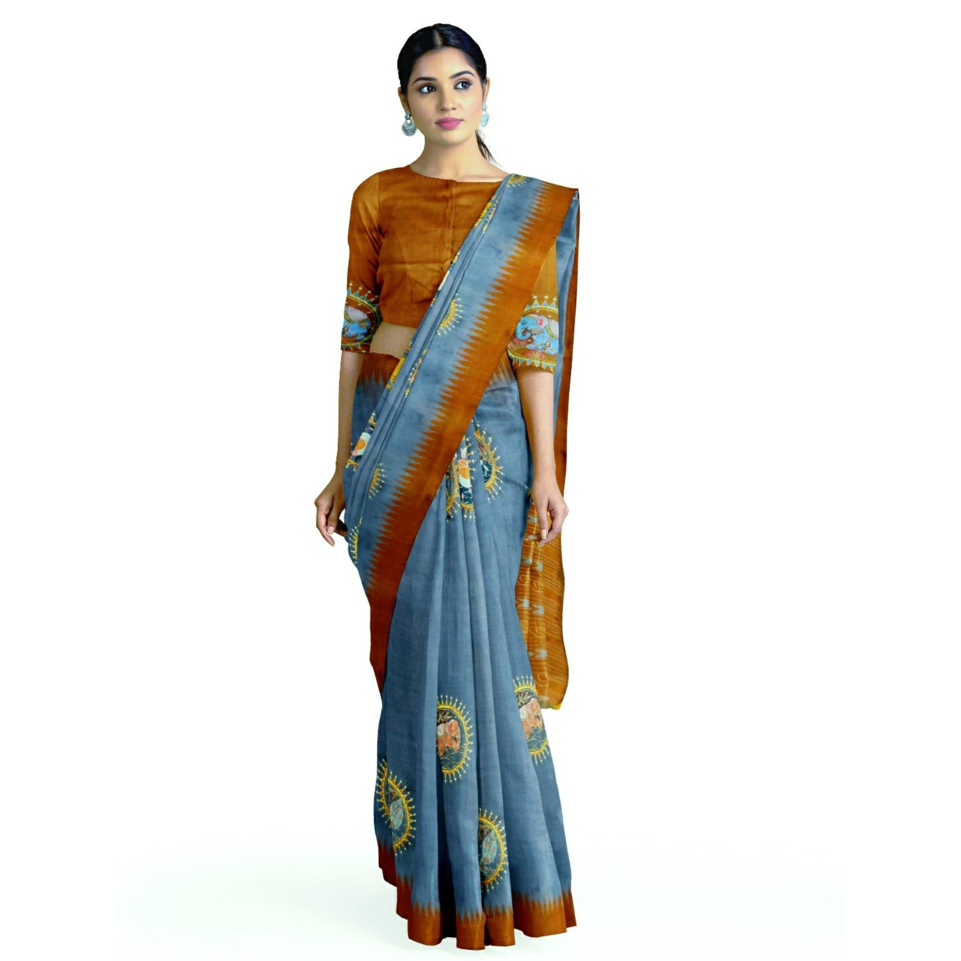 Grey Sambalpuri Silk Saree with handpainted Pattachitra motifs - Crafts Collection