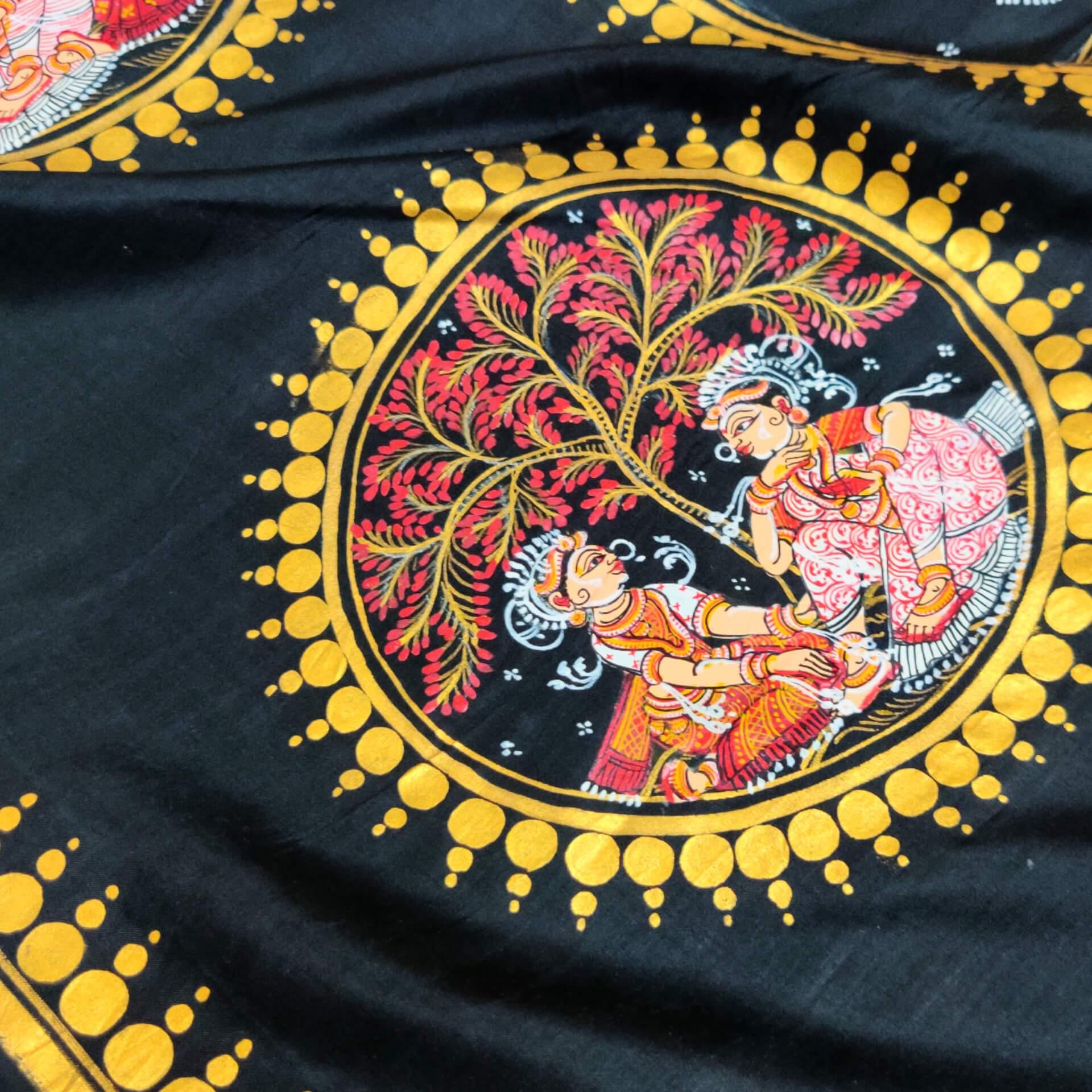 Black Silk Saree with handpainted Pattachitra motifs - Crafts Collection