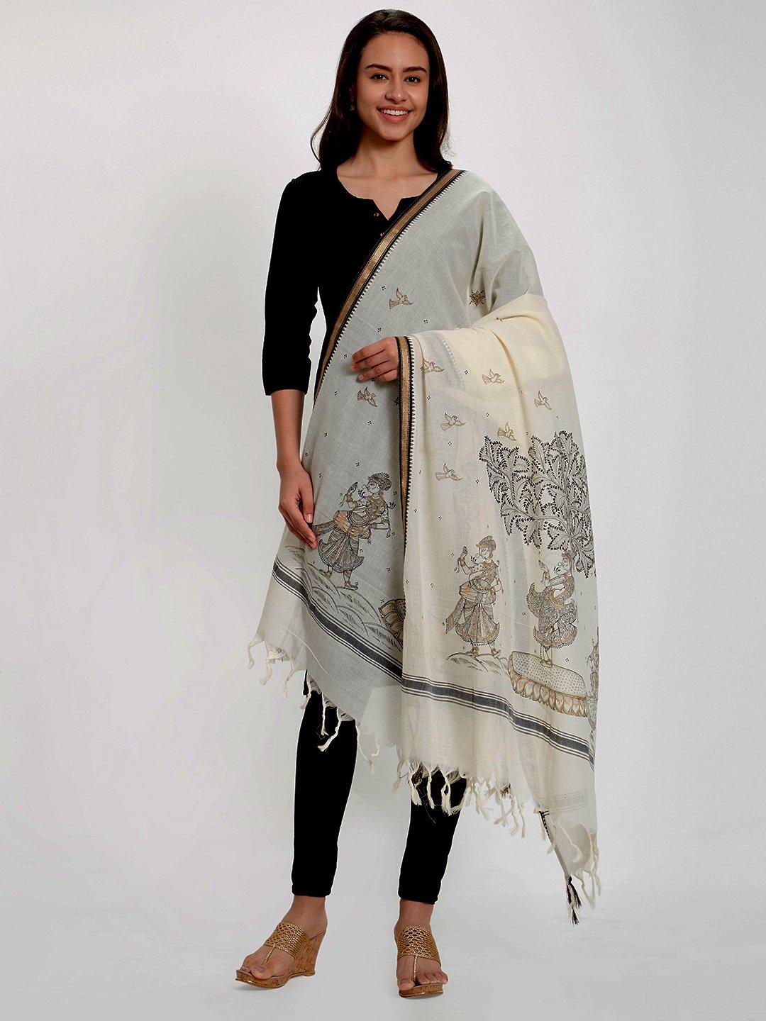 Off-white cotton Dupatta with handpainted pattachitra motifs - Crafts Collection