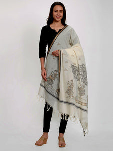 Off-white cotton Dupatta with handpainted pattachitra motifs - Crafts Collection