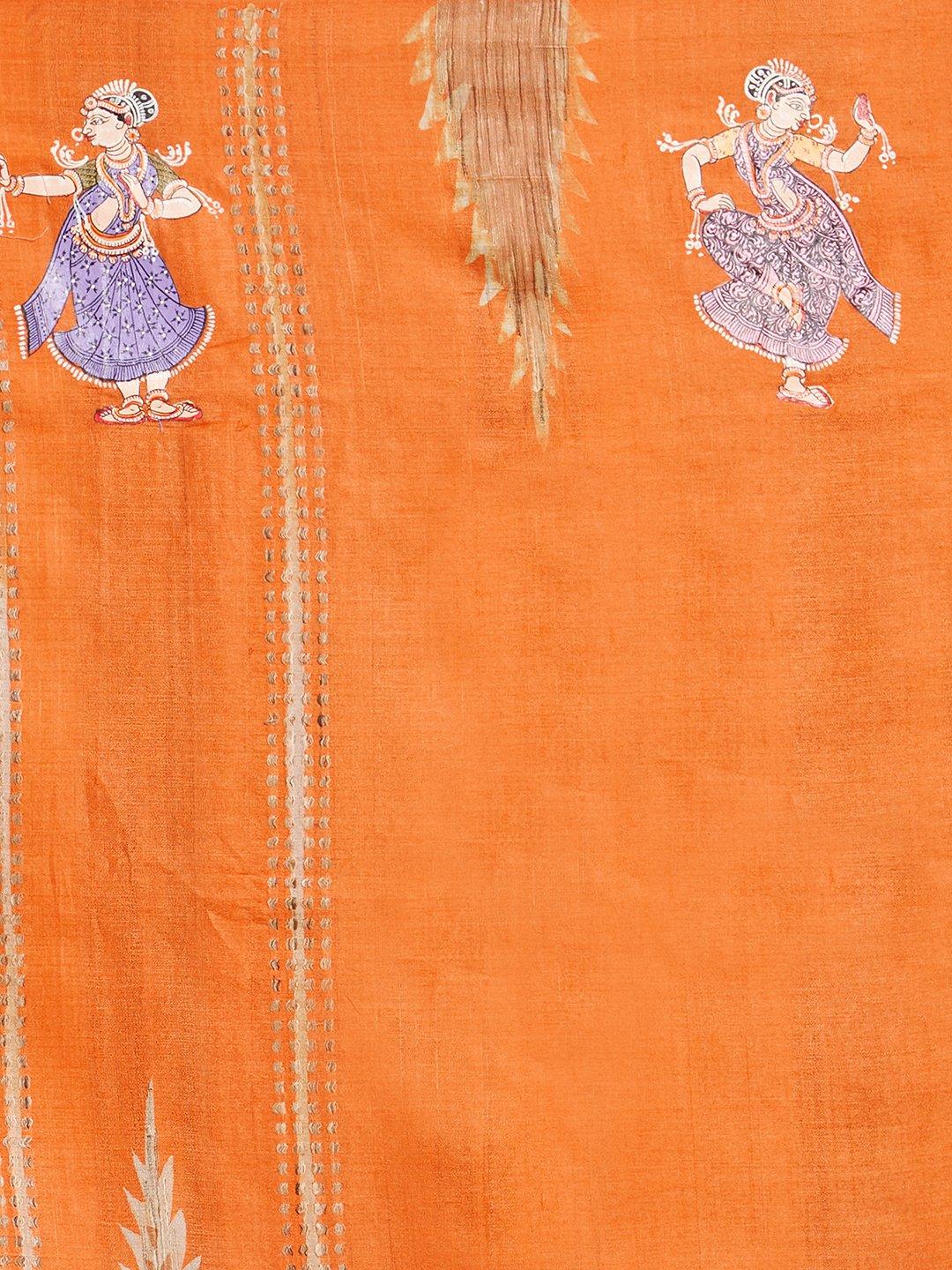 Orange Tussar Silk Dupatta with handpainted pattachitra motifs - Crafts Collection