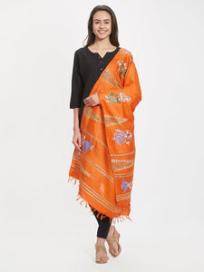 Orange Tussar Silk Dupatta with handpainted pattachitra motifs - Crafts Collection