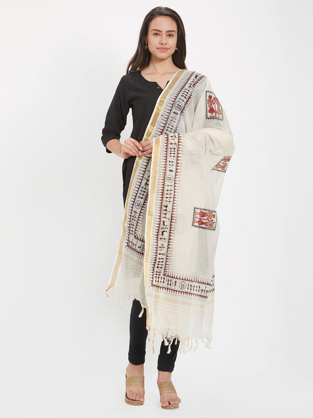 CraftsCollection.in - Off-white Dupatta with handpainted tribal motifs
