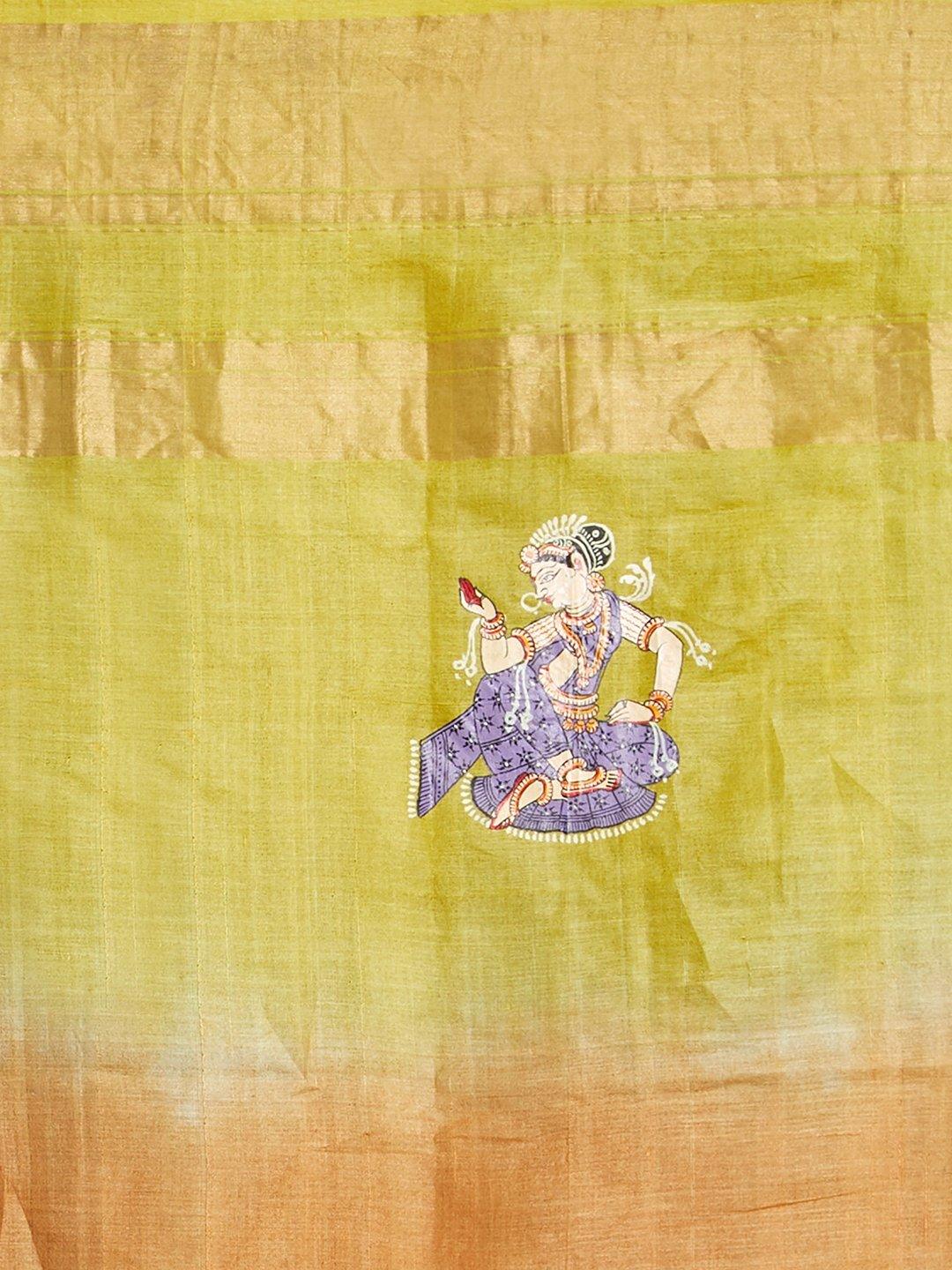 CraftsCollection.in - Orange Silk Dupatta with handpainted pattachitra motifs