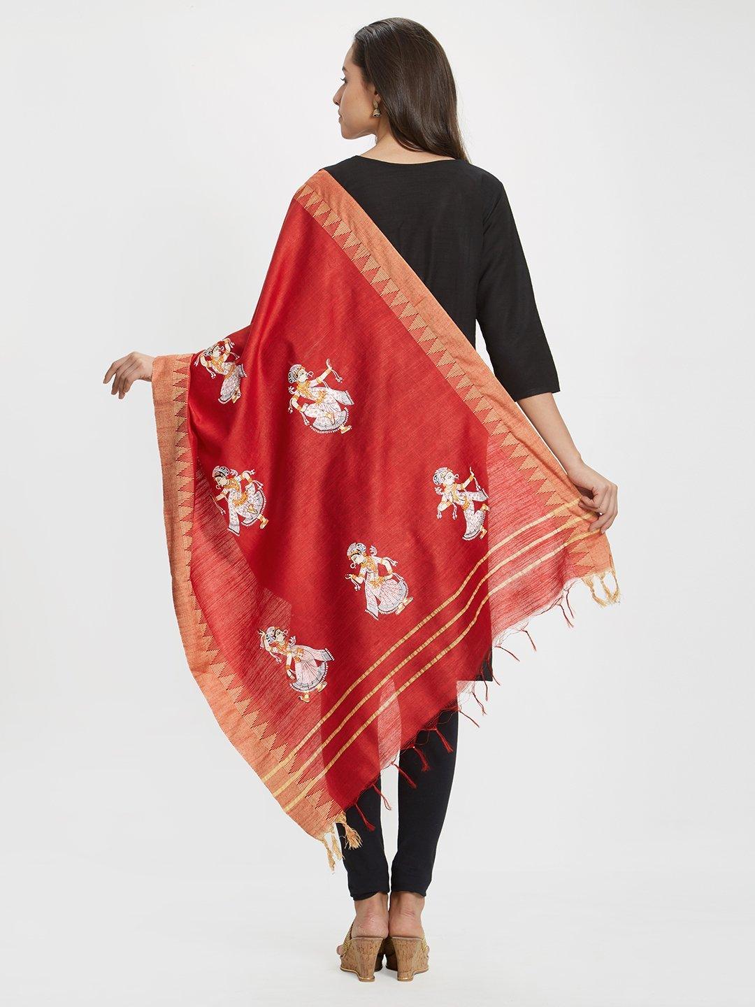 CraftsCollection.in - Red Dupatta with handpainted Pattachitra motifs