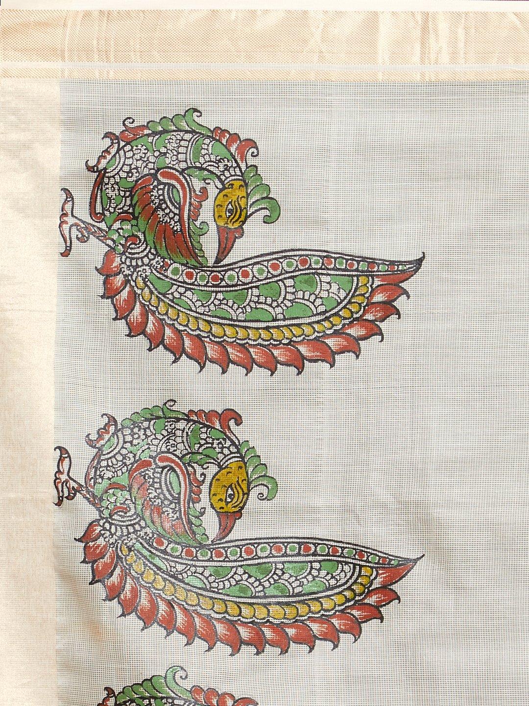 CraftsCollection.in - Beige Cotton Dupatta with handpainted Kalamkari motifs