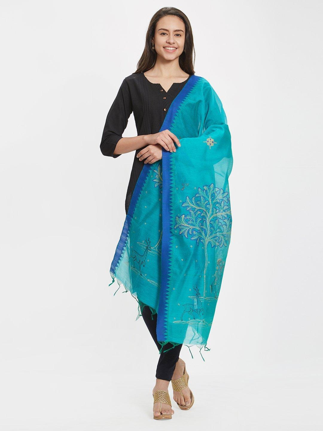 CraftsCollection.in - Blue Dupatta with handpainted Pattachitra motifs