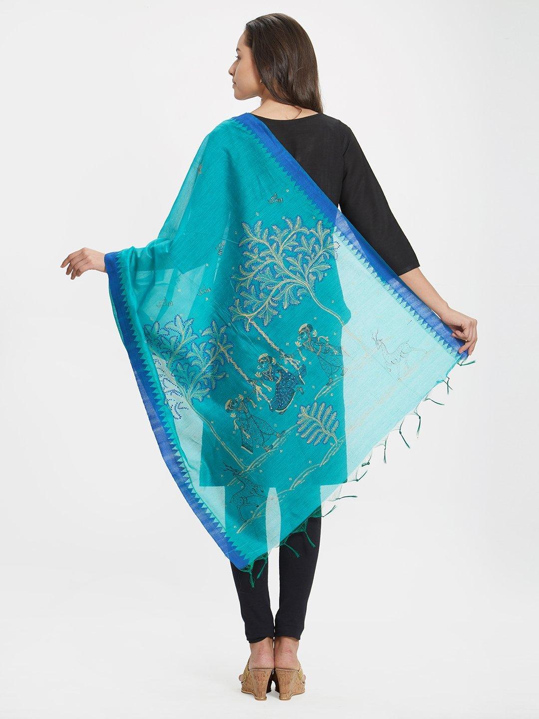 CraftsCollection.in - Blue Dupatta with handpainted Pattachitra motifs