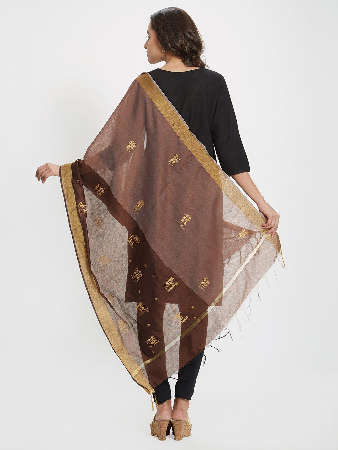 Brown half half shaded Chanderi Stole with hand painted tribal art