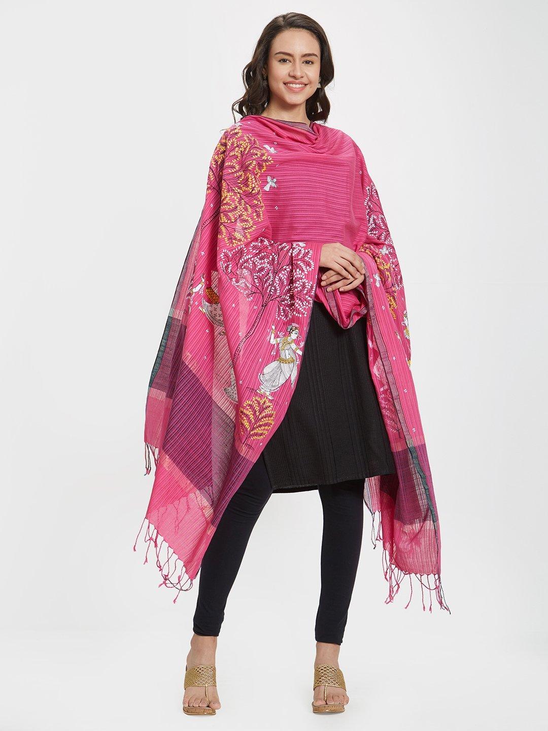 CraftsCollection.in - Pink Cotton Dupatta with handpainted Pattachitra motifs