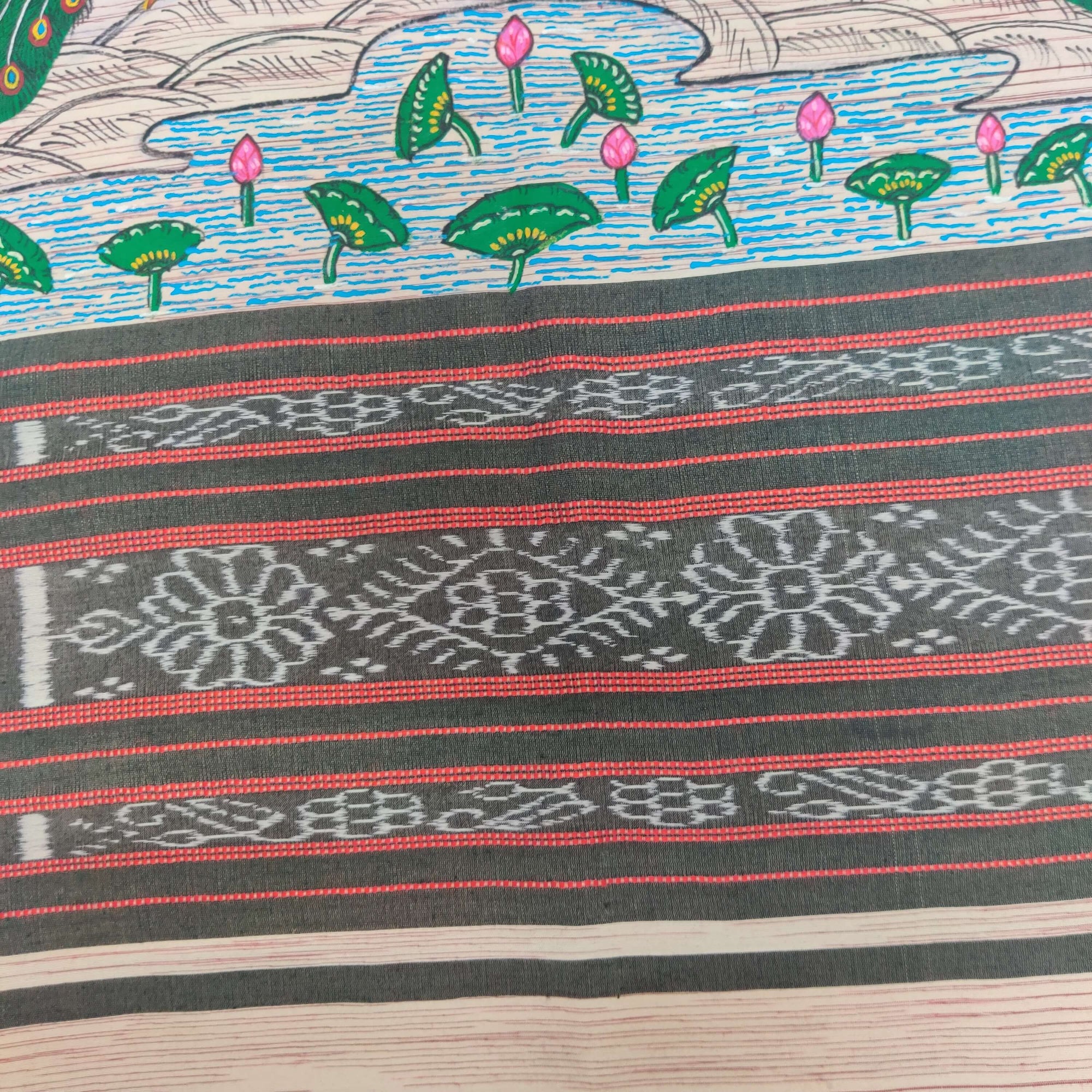 Beige Cotton Sambalpuri Stole with handpainted Pattachitra Motifs
