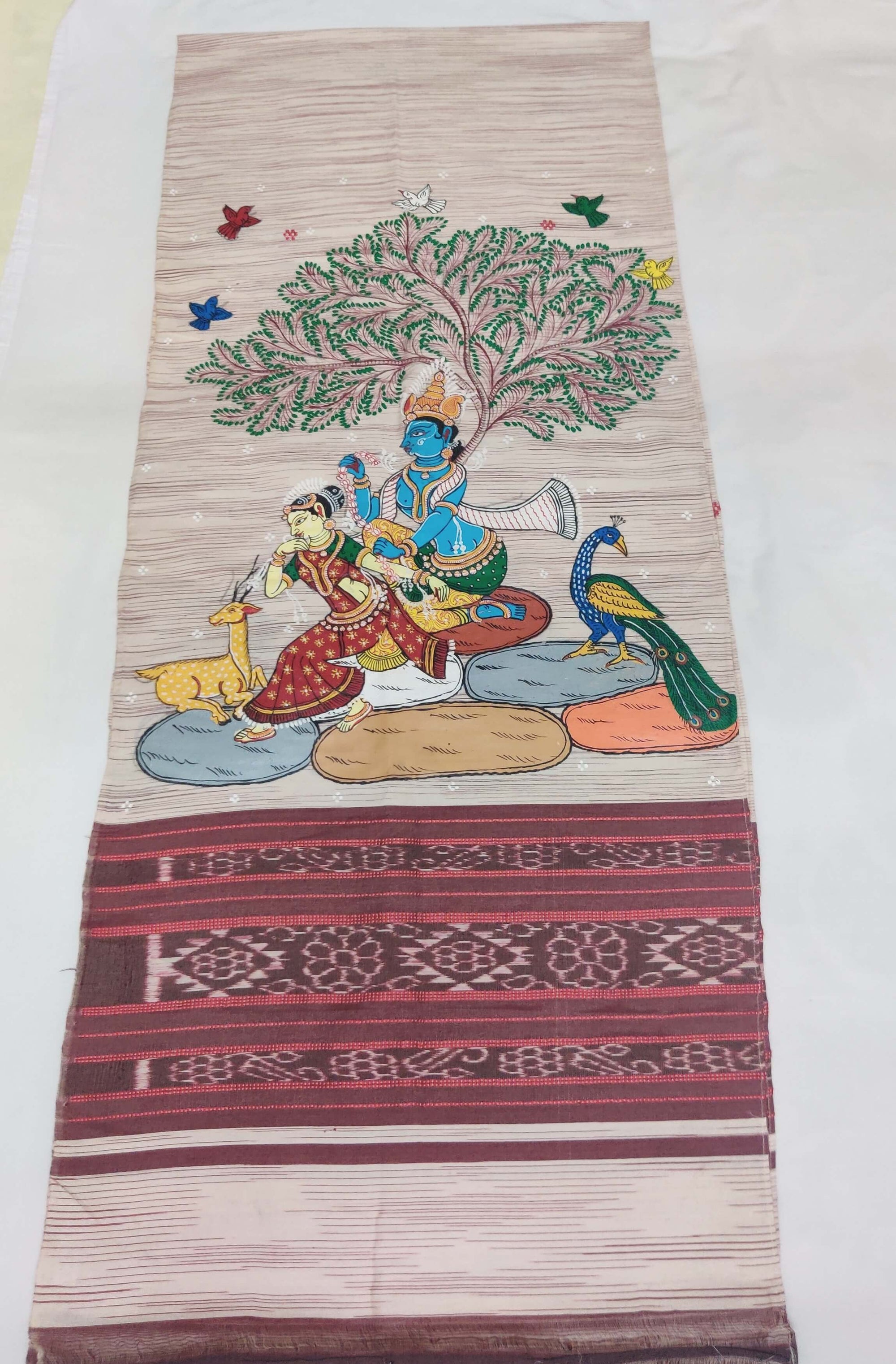 Beige Sambalpuri Cotton Stole with handpainted Pattachitra Motifs