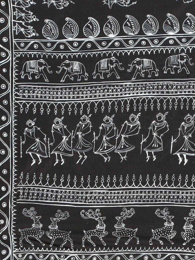 CraftsCollection.in - Black Art Silk Saree with Hand Painted Tribal Art