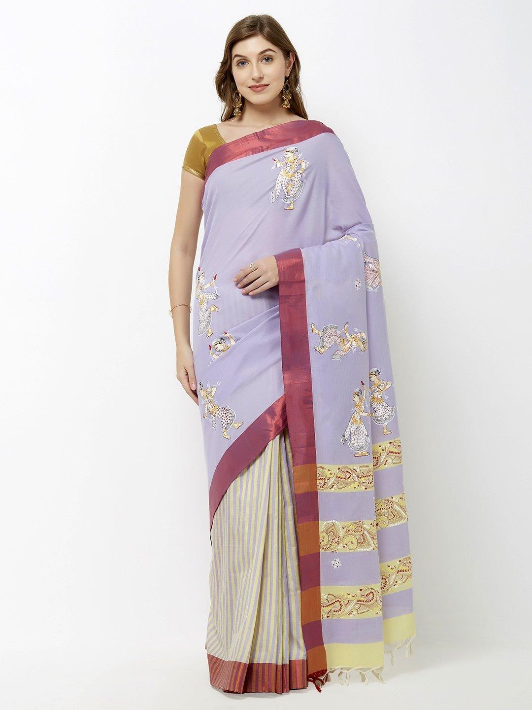 CraftsCollection.in - Grey Cotton Saree with handpainted Pattachitra motifs