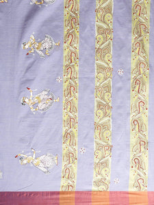 CraftsCollection.in - Grey Cotton Saree with handpainted Pattachitra motifs