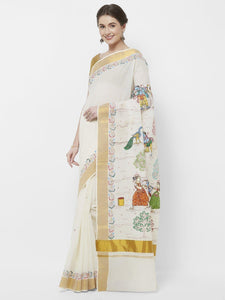 CraftsCollection.in -Offwhite Cotton Saree with  handpainted Pattachitra motifs