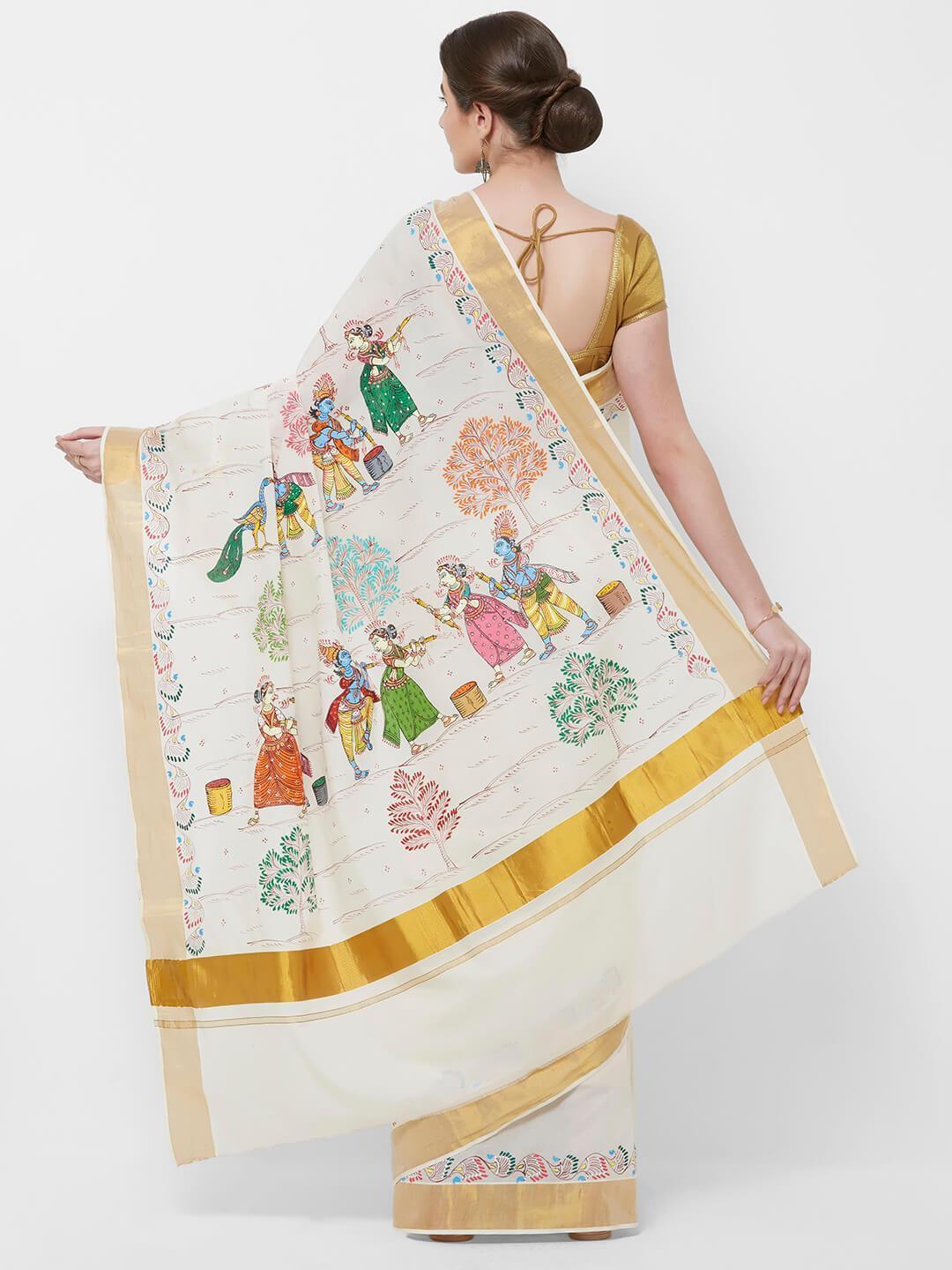 CraftsCollection.in -Offwhite Cotton Saree with  handpainted Pattachitra motifs