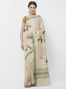 CraftsCollection.in -Beige Cotton Saree with handpainted Pattachitra art