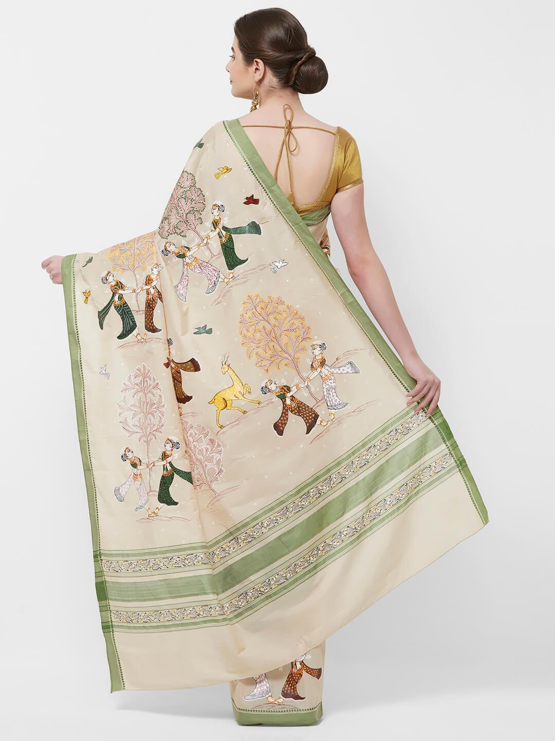 CraftsCollection.in -Beige Cotton Saree with handpainted Pattachitra art