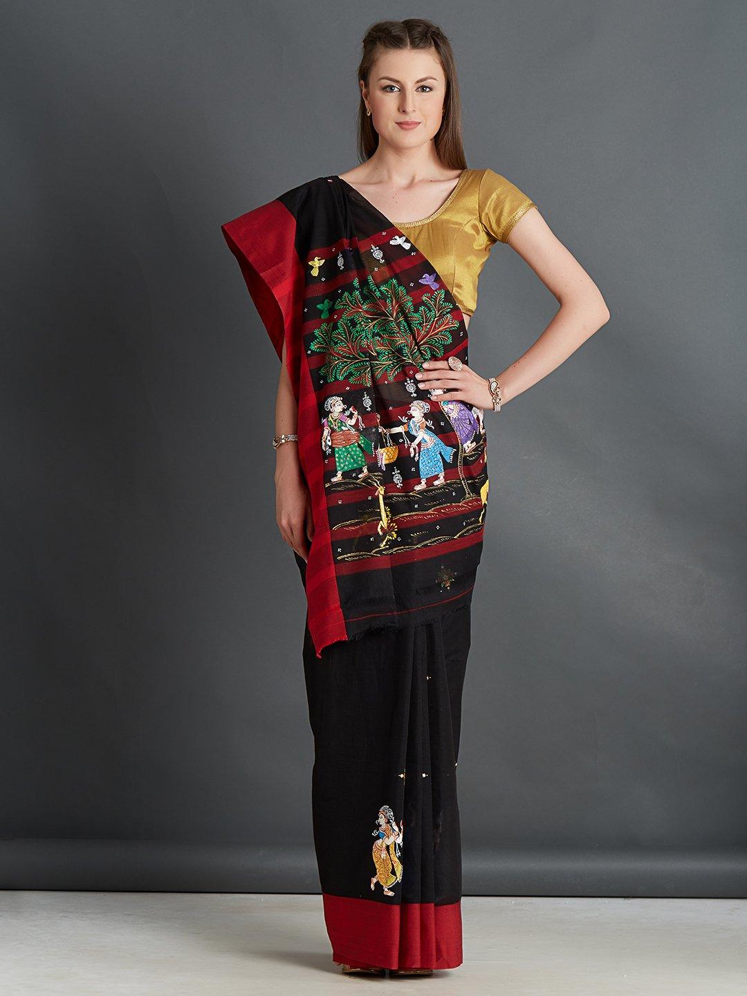 Black Cotton Saree with Pattachitra Motifs - Crafts Collection