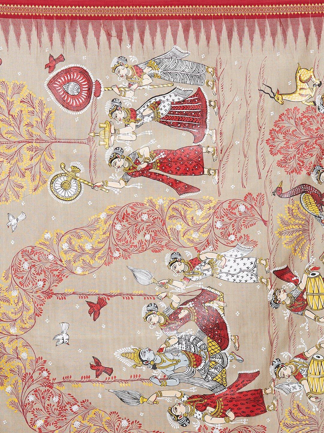 CraftsCollection.in -Odisha Sambalpuri Ikat Saree with  handpainted Pattachitra motifs