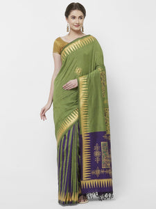 CraftsCollection.in -Green Double Colour Saree with handpainted Pattachitra motifs 