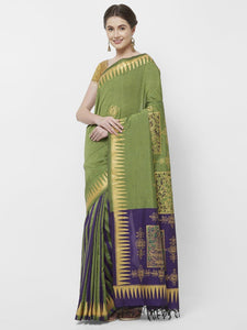 CraftsCollection.in -Green Double Colour Saree with handpainted Pattachitra motifs 