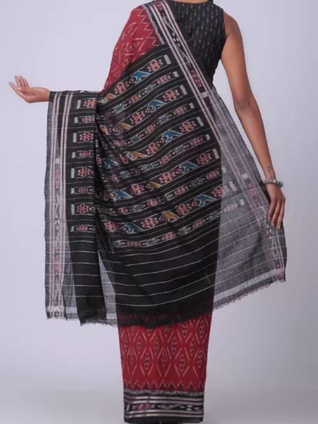 Red and Black Sambalpuri Ikat Cotton Saree - Crafts Collection