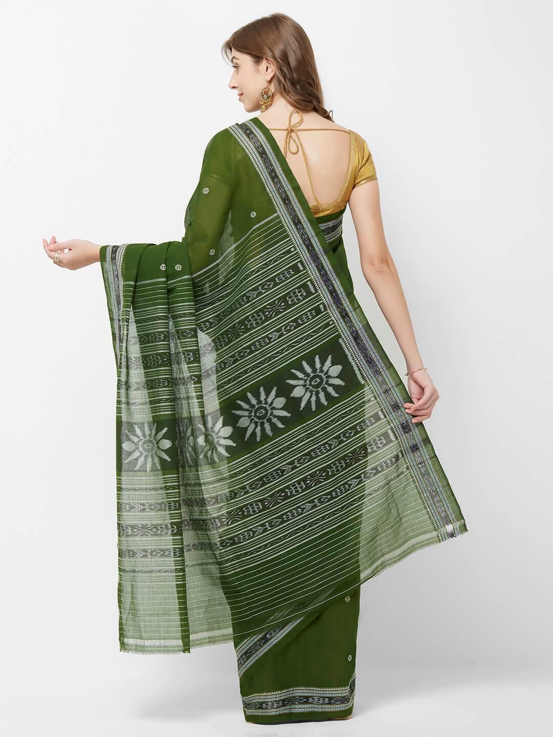CraftsCollection.in -Green Odisha Cotton Saree with matching Sambalpuri Blouse