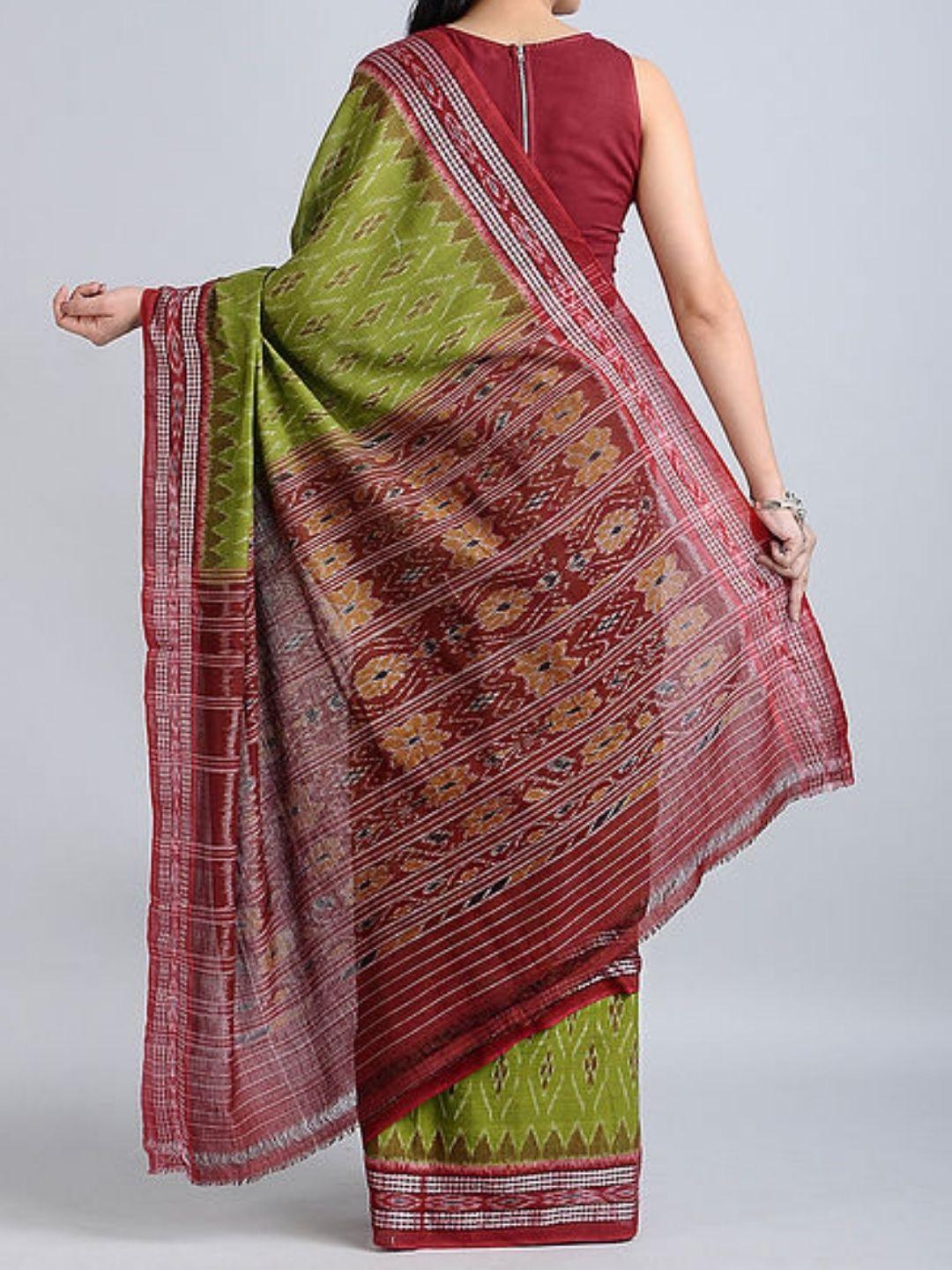 Green and Red Sambalpuri Ikat Cotton Saree - Crafts Collection