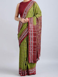Green and Red Sambalpuri Ikat Cotton Saree - Crafts Collection