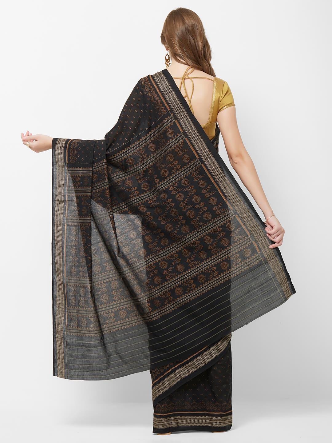 CraftsCollection.in -Black Cotton Sambalpuri Bomkai Saree