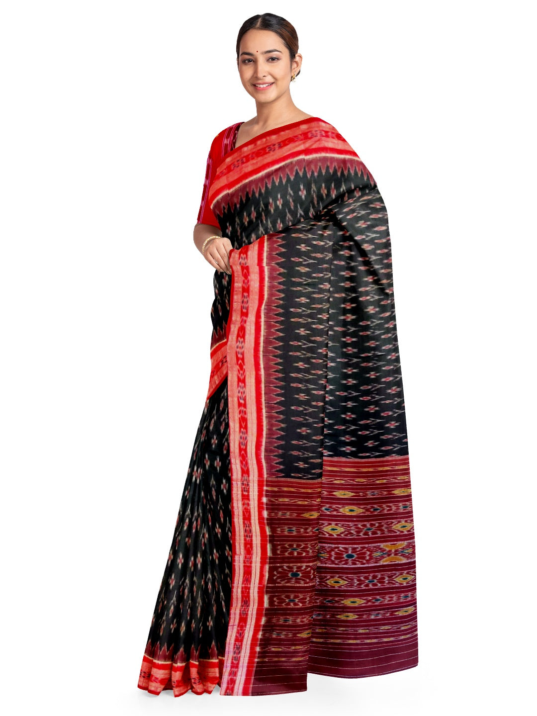 Black and red Cotton Odisha Ikat saree with sambalpuri ikat blouse piece