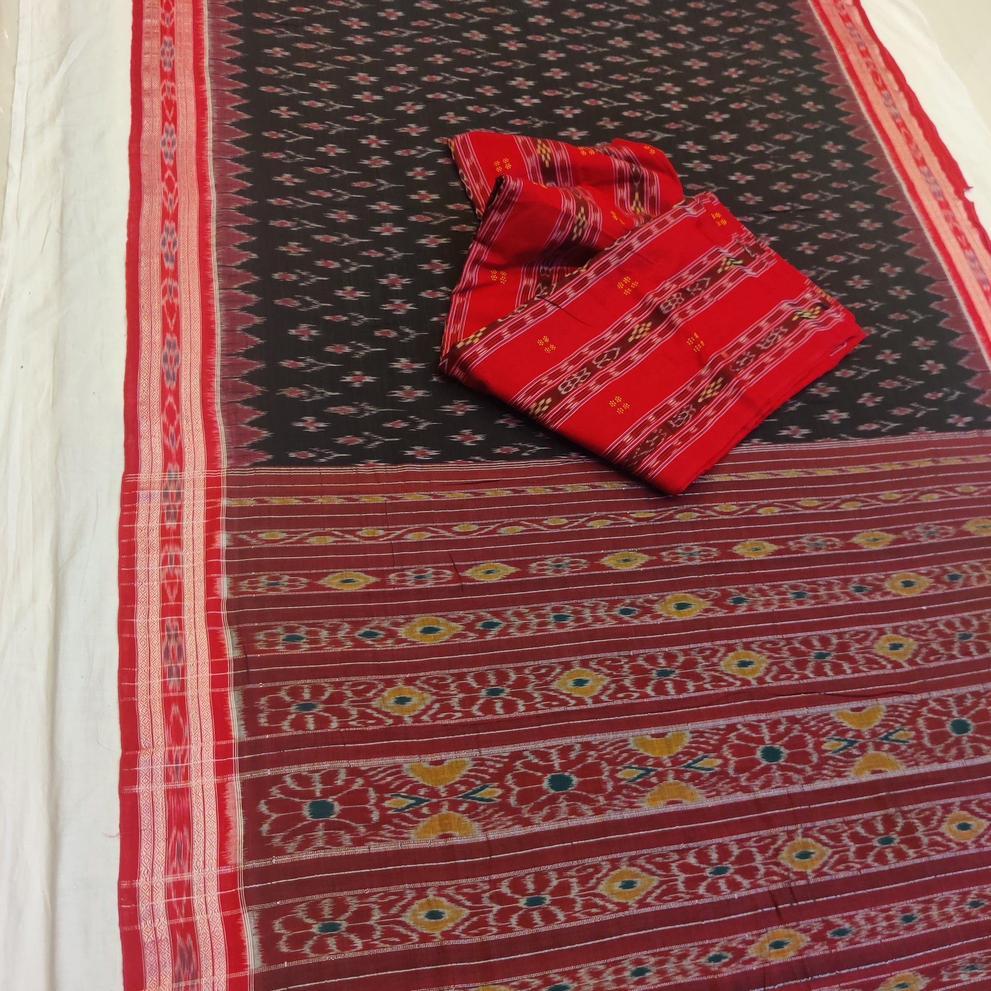 Black and red Cotton Odisha Ikat saree with sambalpuri ikat blouse piece