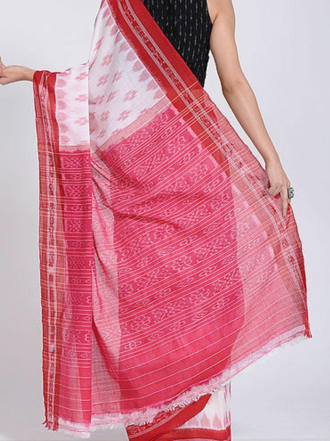 White and Red Sambalpuri Ikat Cotton Saree - Crafts Collection