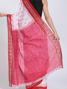 White and Red Sambalpuri Ikat Cotton Saree - Crafts Collection